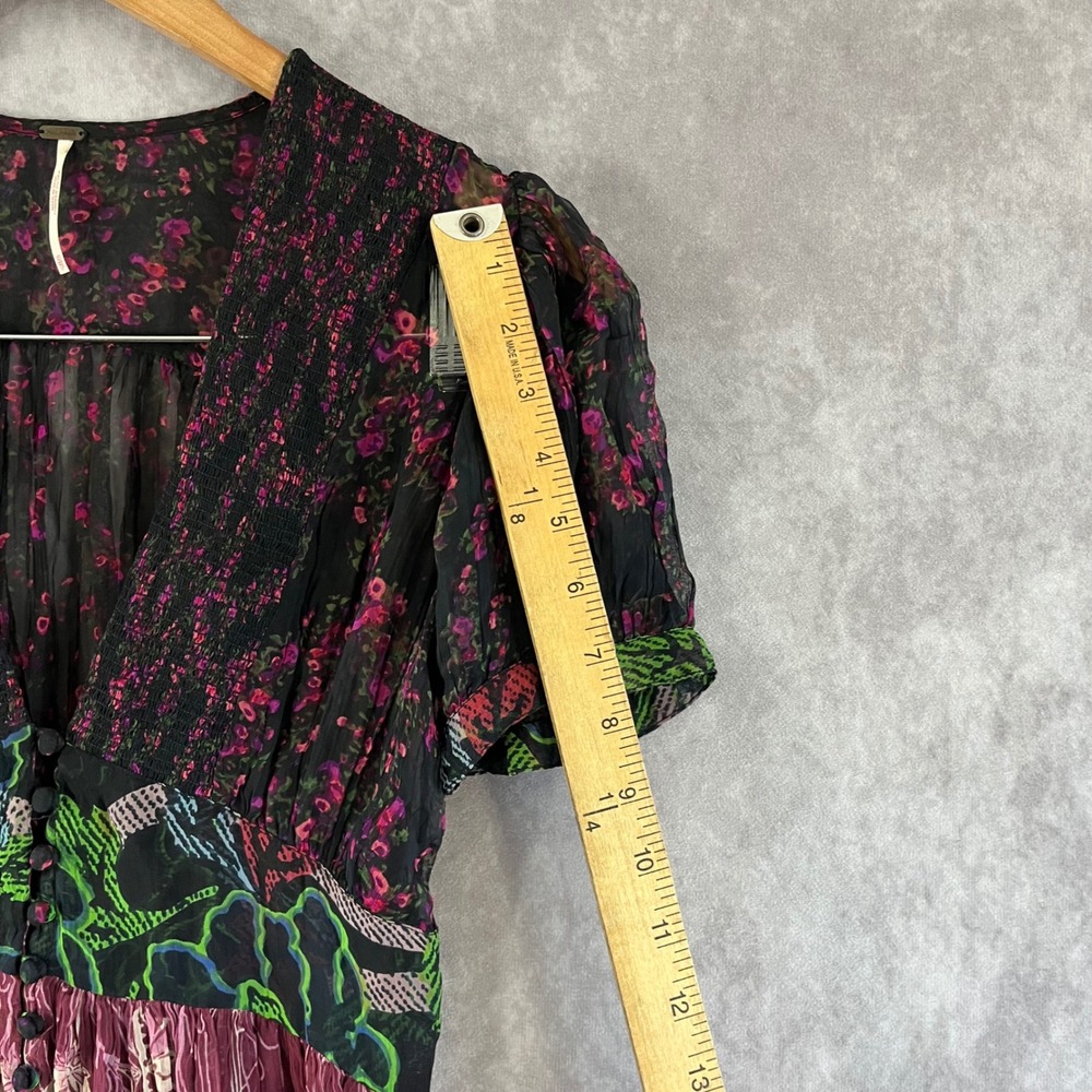 Free People Midi Dress Women XS Plum Black Floral Mixed Print Boho V-Neck Hippie - Picture 6 of 11